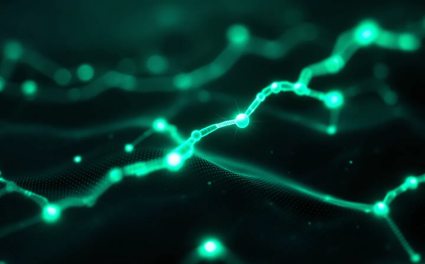 Abstract emerald node-and-edge lattice of a compact pentapeptide on a dark console ground